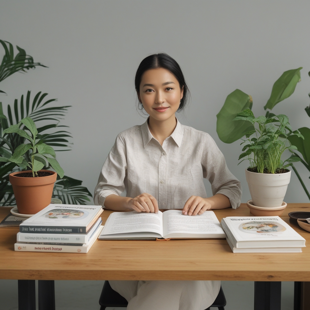 Meja kerja yang rapi dengan buku-buku tentang nutrisi dan kesehatan alami, tanaman hijau kecil dalam pot, cangkir teh, dan catatan tangan di atas permukaan kayu terang