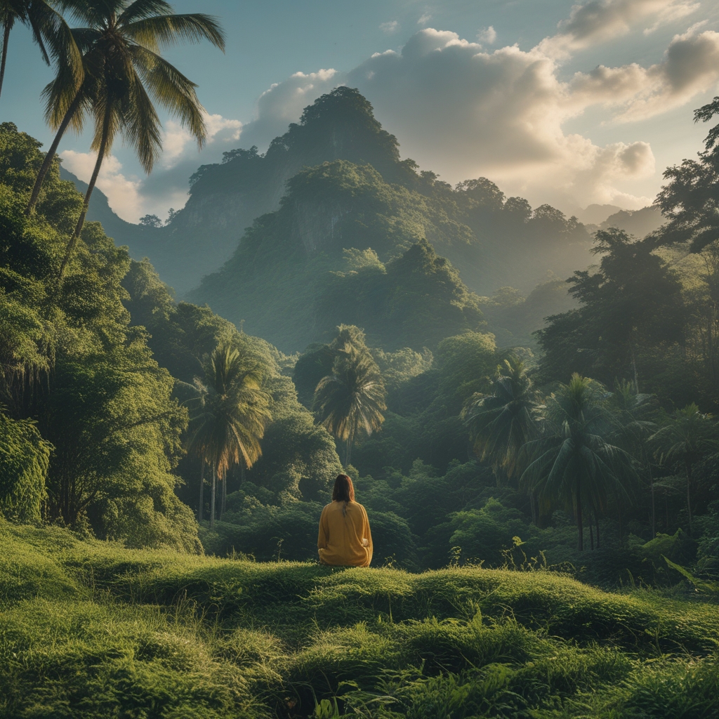 Pemandangan hutan tropis yang hijau dengan sinar matahari menembus dedaunan, melambangkan kesejahteraan alami dan keseimbangan alam