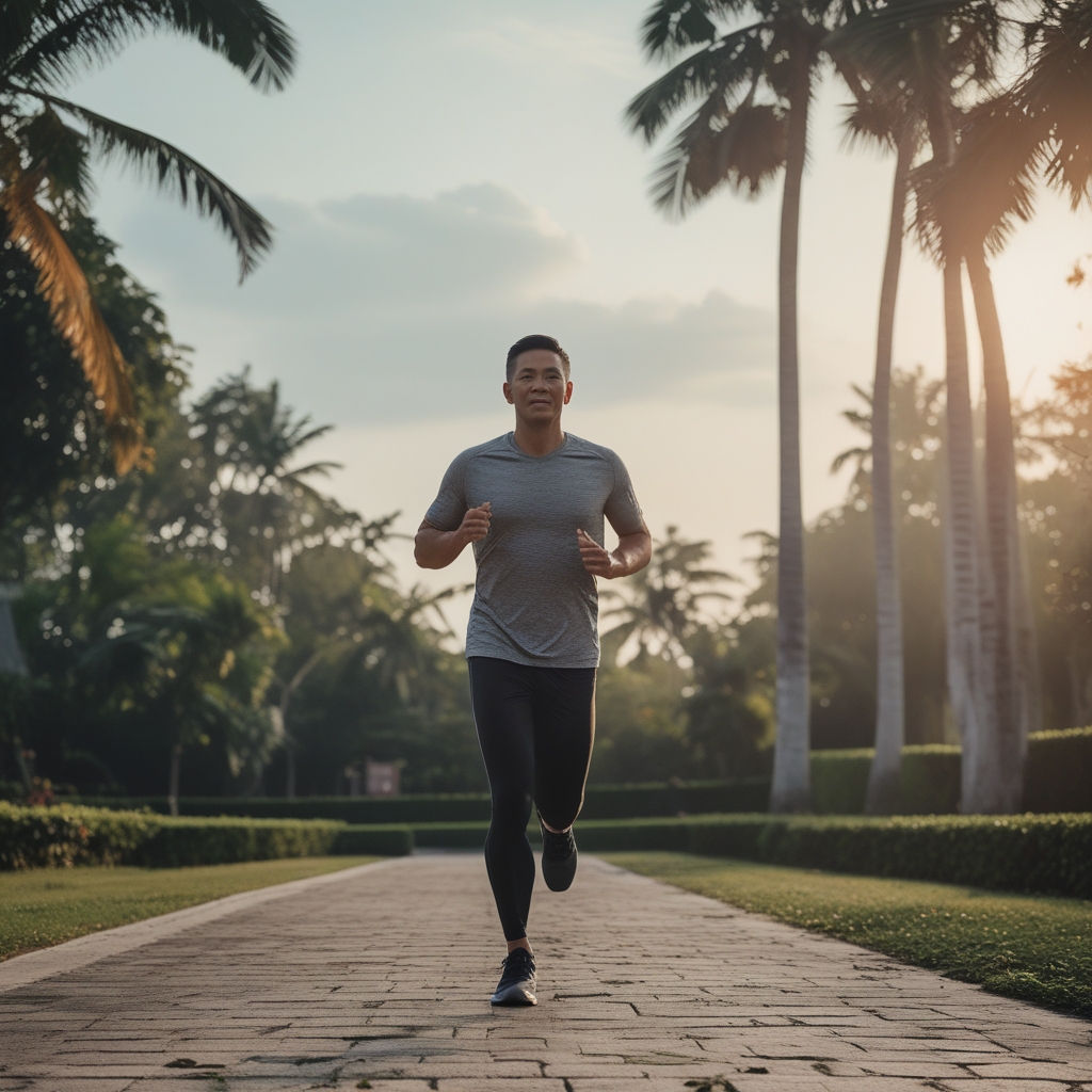 Pria dewasa berbaju olahraga abu-abu sedang melakukan jogging pagi di taman kota yang rindang dengan sinar matahari keemasan menyinari lintasan