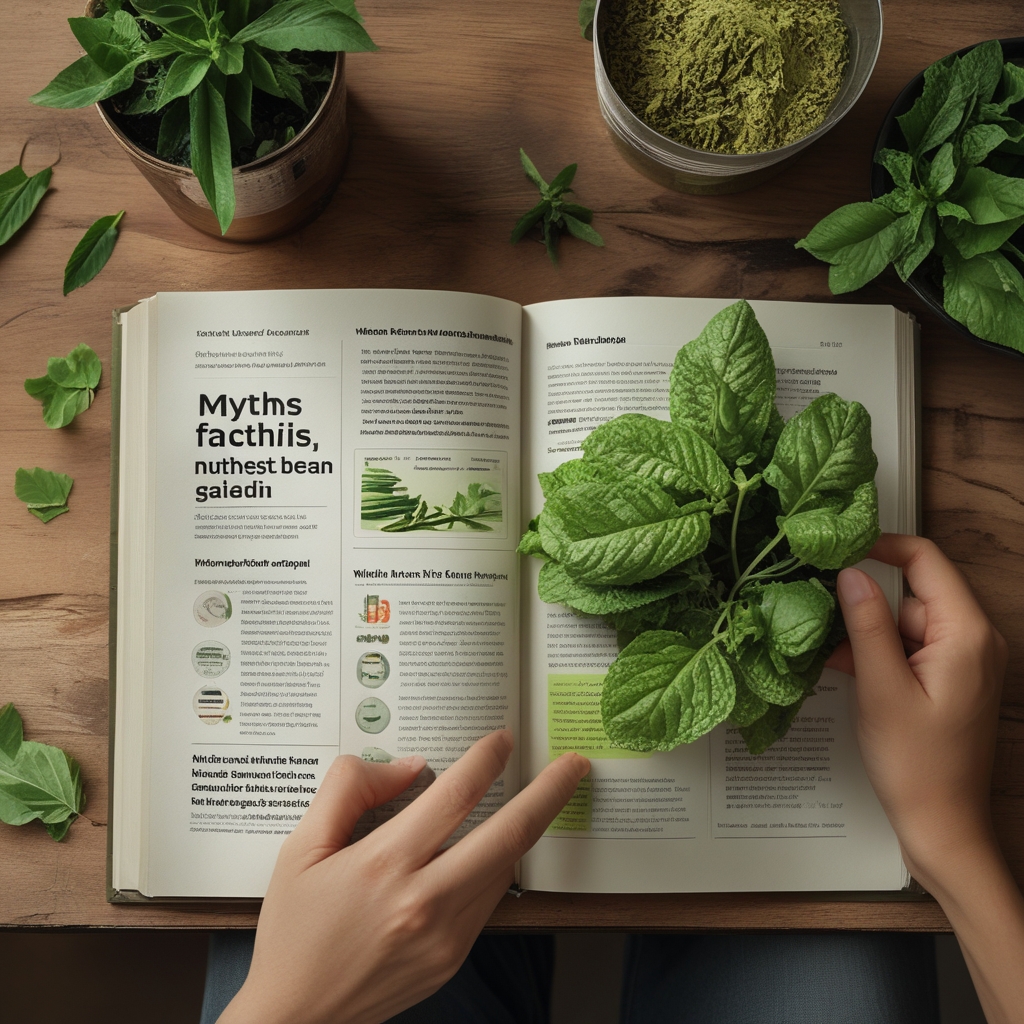 Tangan seseorang memegang buku terbuka tentang nutrisi dan kesehatan di atas meja kayu dengan secangkir teh herbal hijau di sebelahnya