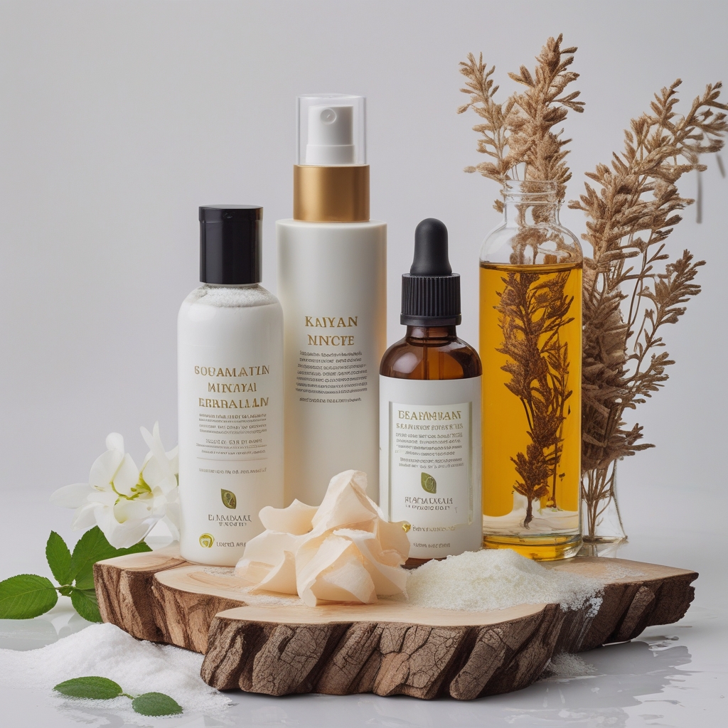 Suasana perawatan diri alami dengan berbagai botol minyak esensial, handuk putih, lilin aromaterapi, dan dedaunan segar di atas permukaan kayu terang yang bersih